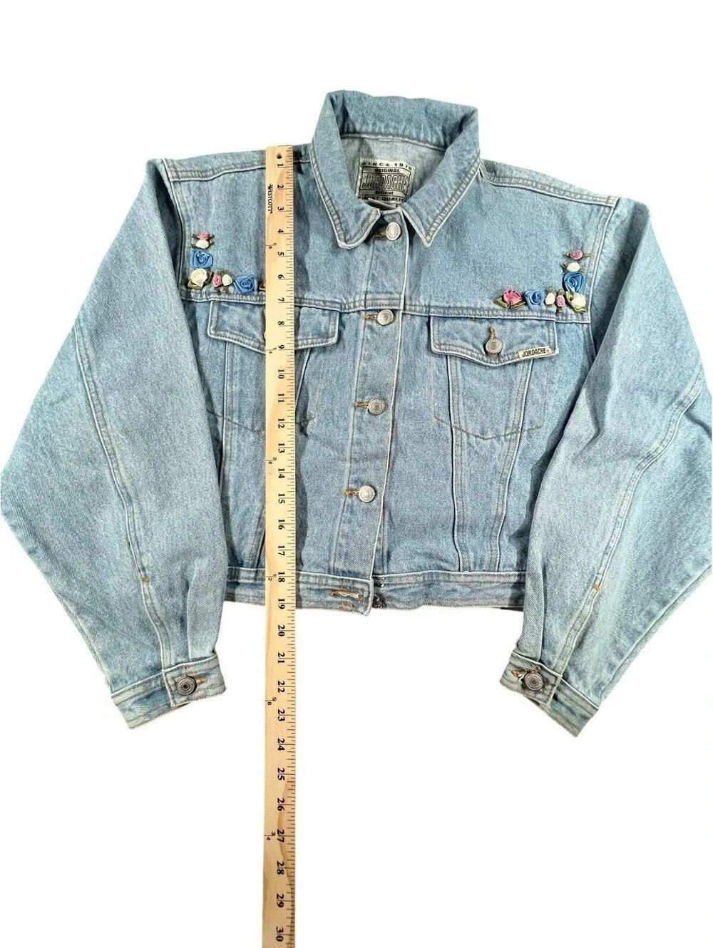 Vintage Jordache Floral Ribbon Denim Trucker Jacket Cropped Y2K Cottagecore